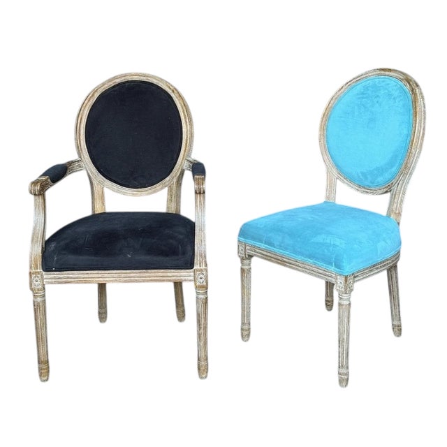 French Set of 8 Swedish Louis XVI Style Blue Velvet Upholstered Dining Chairs For Sale - Image 3 of 6