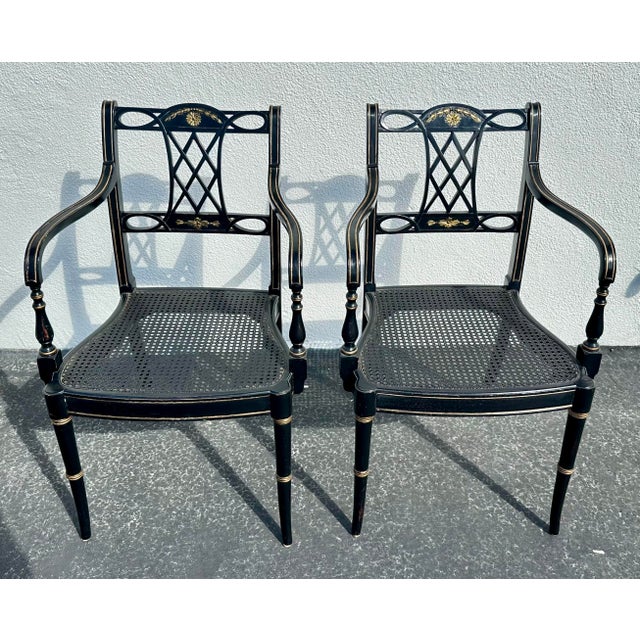 Chinoiserie Pair of Vintage Regency-Style Ebonized and Parcel Gilt Armchairs, Circa 1980s For Sale - Image 3 of 12