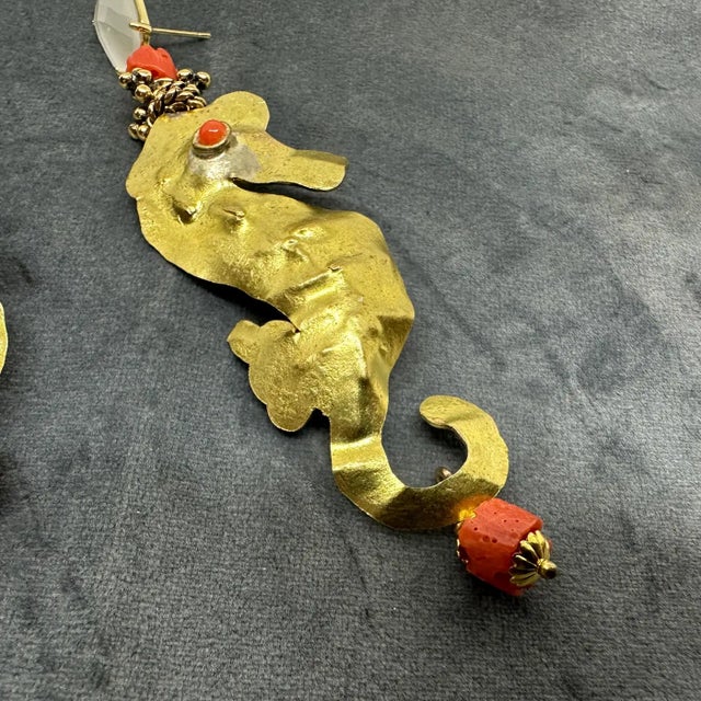 21st Century Hammered Brass and Mediterranean Coral Seahorse Dangle Earrings For Sale - Image 9 of 9