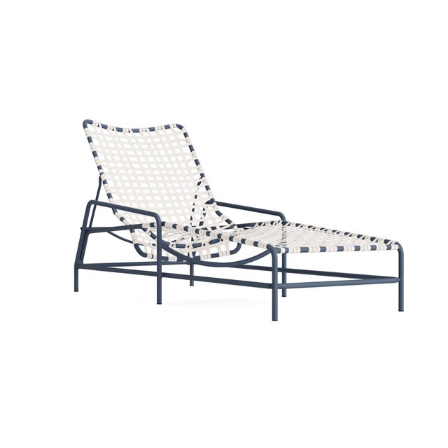Brown Jordan Kantan Aluminum Chaise Lounge in Sapphire with White Suncloth Strapping For Sale