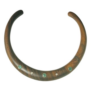 Wood Collar Necklace With Emeralds, Diamonds & 14k Gold For Sale