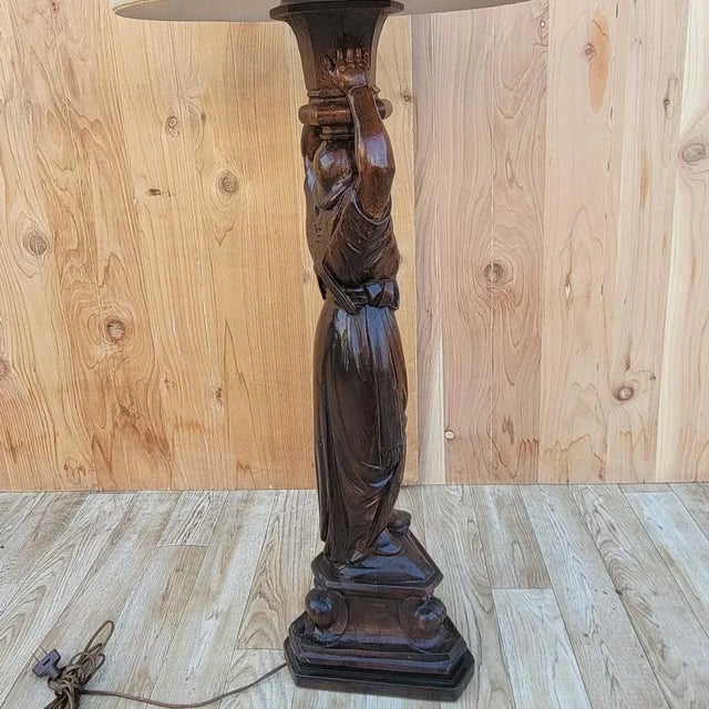 Antique Carved Walnut Figural Lamp With Shade For Sale - Image 4 of 10