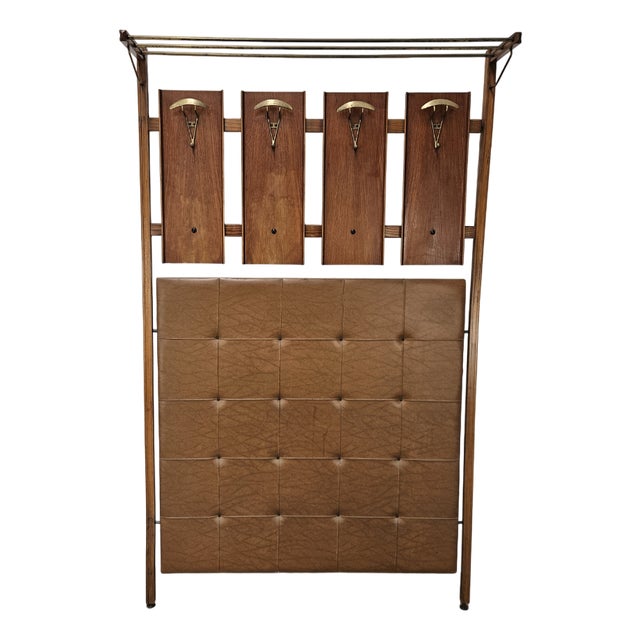 Wooden Wall Coat in Skai with Brass Hangers, 1950s For Sale