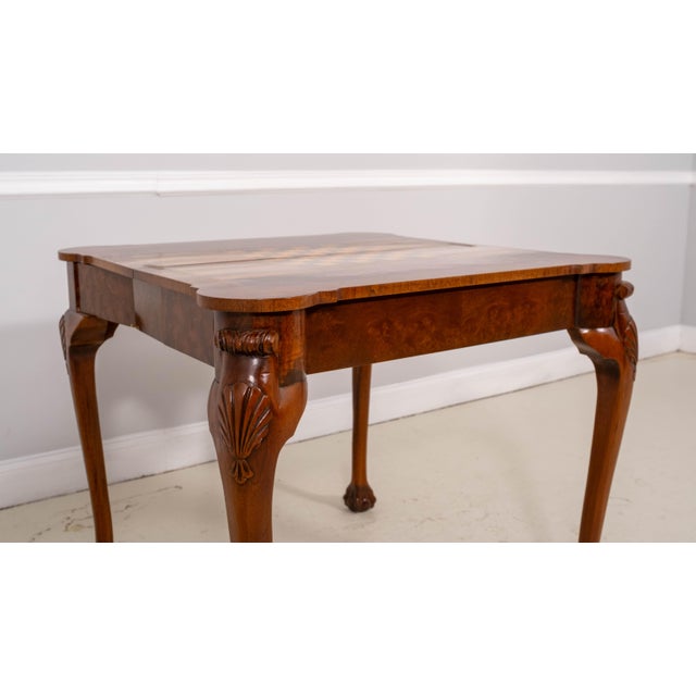 Brown Chippendale Style Burl Walnut Flip Top Inlaid Game Table For Sale - Image 8 of 15