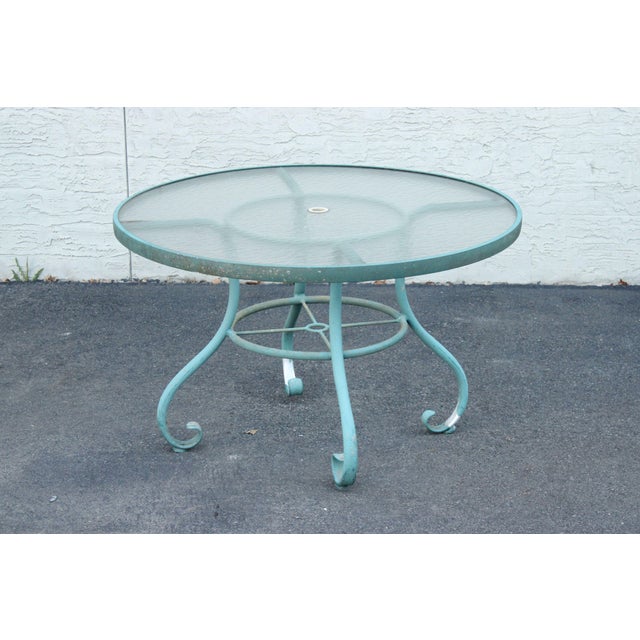 High Quality American Made Painted Aluminum Frame Outdoor Patio Dining Table with Round Glass Top By Woodard (Not Labeled)
