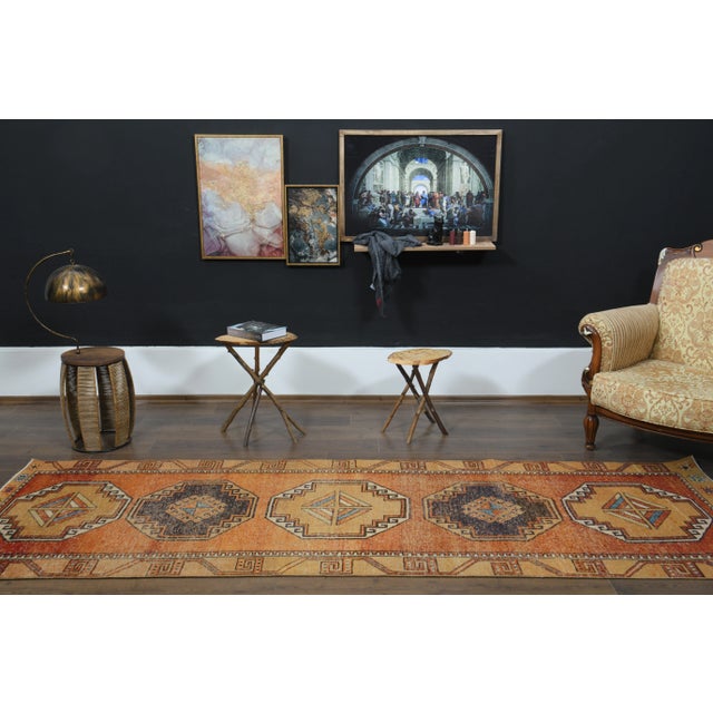1970s Vintage Turkish Oushak Handmade Wool Cotton Orange Runner Rug For Sale - Image 4 of 11