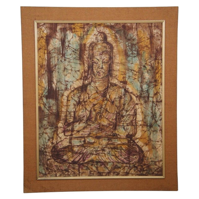 1963 Sitting Buddha Painting on Silk Burlap, Framed, Fukazen & Co For Sale - Image 13 of 13
