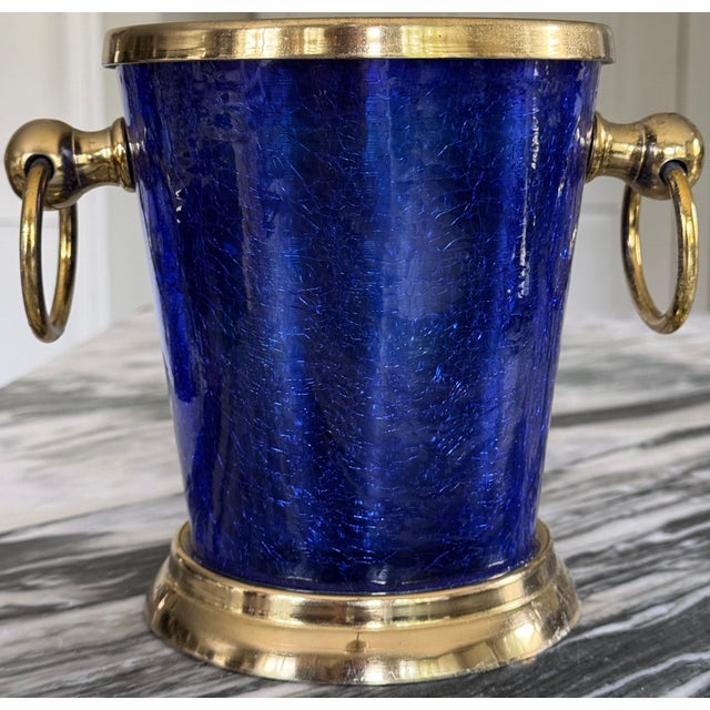 Royal Blue Nicole Miller Cobalt Crackle Glass & Brass Wine Chiller For Sale - Image 8 of 8