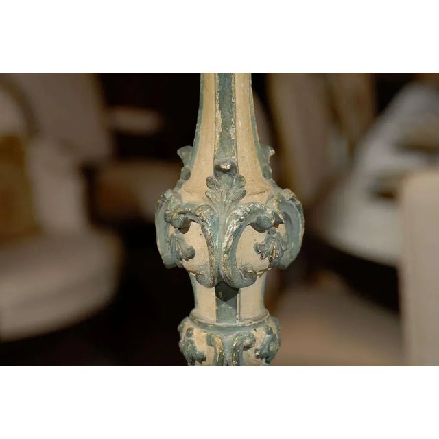 Cream 18th Century Italian Rococo Single Carved Candlestick, Painted with Blue Accents For Sale - Image 8 of 10
