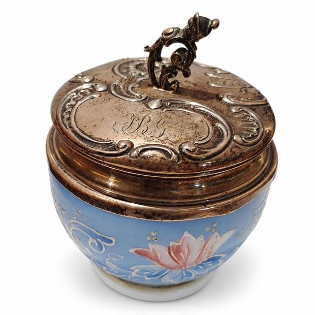 Portuguese opaline glass and silver dressing pot - 19th century. A circular, domed dressing pot or powder box in blue...
