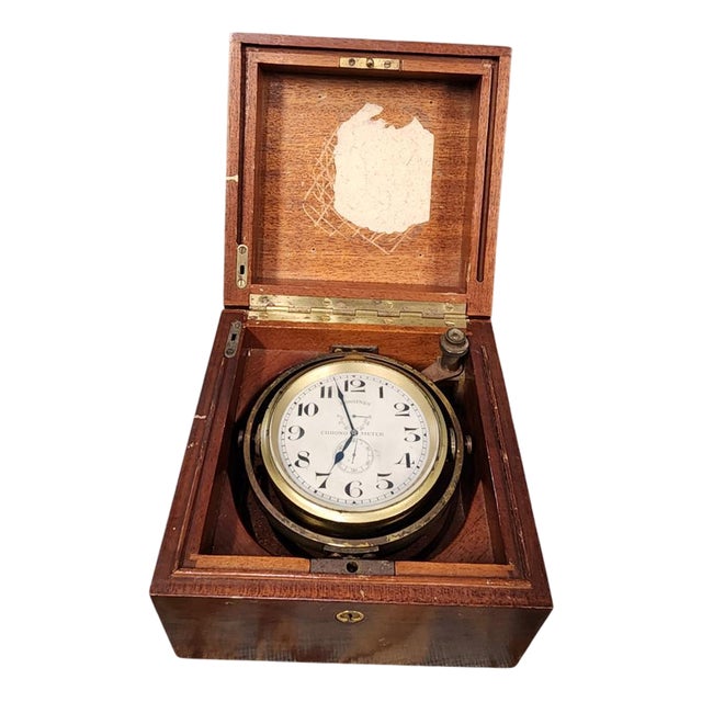 Longines Marine Chronometer Clock in Mahogany Gimbal Box, 1920 For Sale