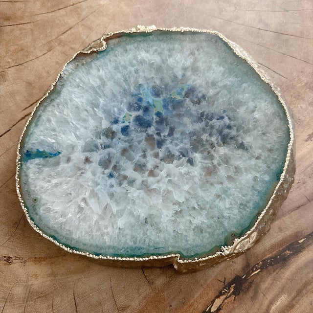Stone Large Blue Agate Geode Slice 11” Natural Crystal Slab Gold Edge For Sale - Image 7 of 12