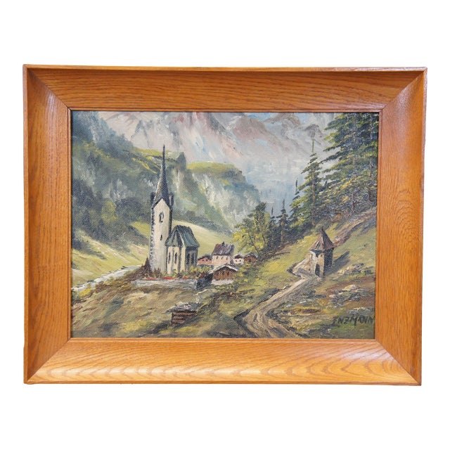 Vintage Eduard Enzmann Alpine Church Landscape Oil Painting on Board 20" For Sale