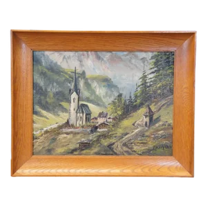 Vintage Eduard Enzmann Alpine Church Landscape Oil Painting on Board 20"