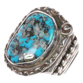 Mid 20th Century Size10.25 Large Vintage pyrite turquoise Native American sterling ring For Sale