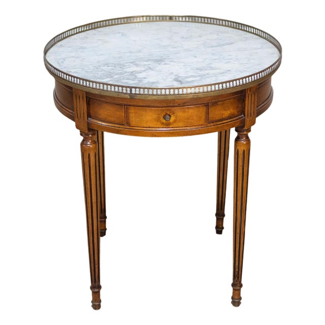 Mid 20th Century French Louis XVI Style Walnut Bouillotte Table with Marble Top and Brass Gallery For Sale