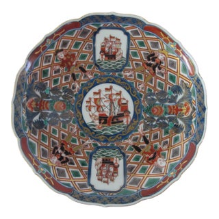 Japanese 19thc Meiji Imari Black Ship Nanban Porcelain Dutch Figure 9 3/4" Bowl For Sale