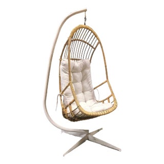 Restored Mid-Century Rattan & Wicker Hanging Cocoon Egg Chair With Stand For Sale