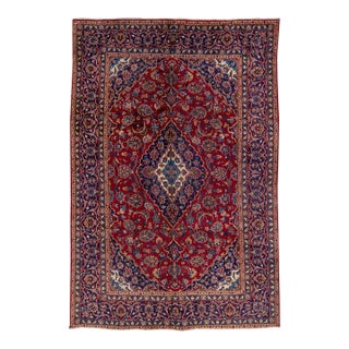 1960s Vintage Persian Kashan Handmade Red Medallion Wool Rug For Sale