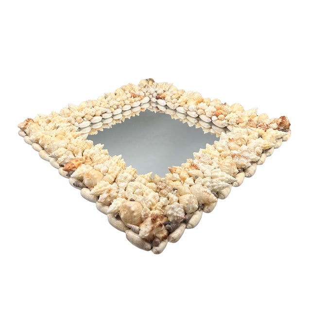 Signed Vintage Diamond-Shaped Seashell Shell Encrusted Wall Mirror – Coastal / Organic Modern For Sale - Image 9 of 13