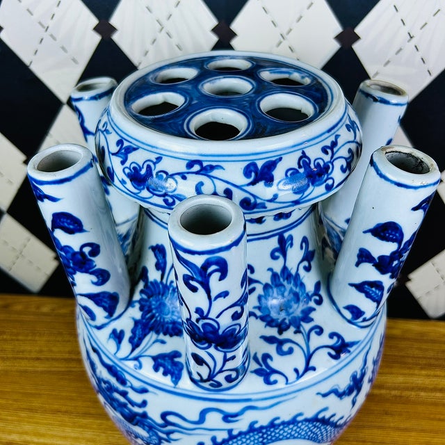 Grand Chinoiserie Tulipière Blue & White Porcelain Vase Multi-Spout, 15" For Sale - Image 9 of 14