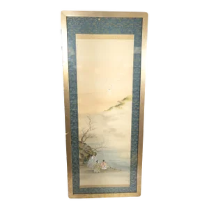 Early 20th Century Japanese Silk Scroll Painting of Figures on a Shore