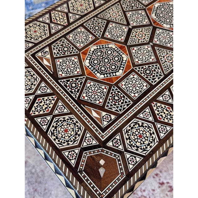 Vintage Marquetry Wood and Mother of Pearl Inlay Folding Game Table For Sale - Image 10 of 10