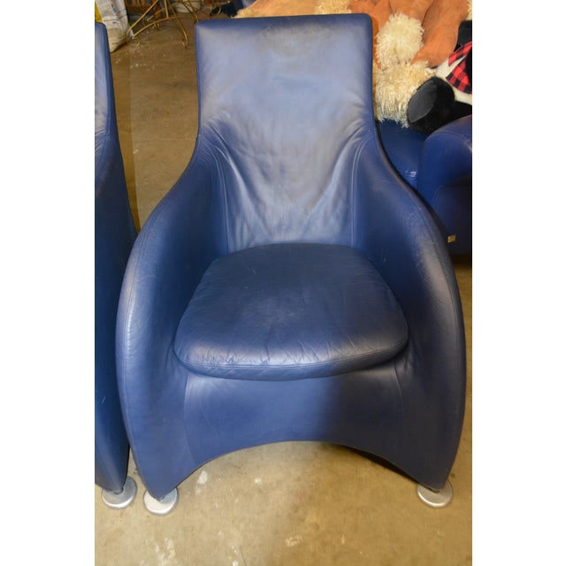 1980s Vintage Pair Gerard Van Den Berg Montis Blue Leather Loge Easy / Lounge Chairs & Footstools For Sale - Image 5 of 18