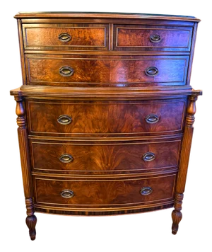 **Antique Mahogany Chest of Drawers**Brass Hardware, Glass Top, Carved Columns**