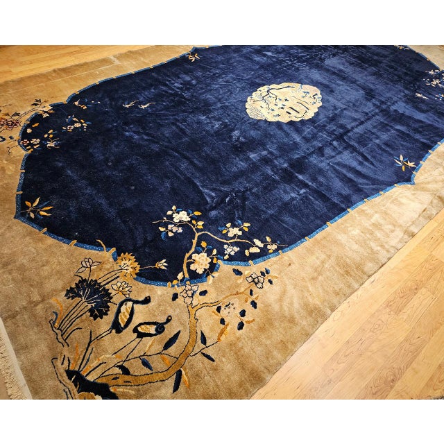 Art Deco Antique Art Deco Chinese Oversized Rug, Handwoven Wool, Cranes & Butterflies Design, Navy & Tan, 14' X 19' For Sale - Image 3 of 17