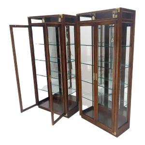 Two Glass Doors Lighted Oak & Brass Glass Shelves Vitrines Display Cabinets - A Pair