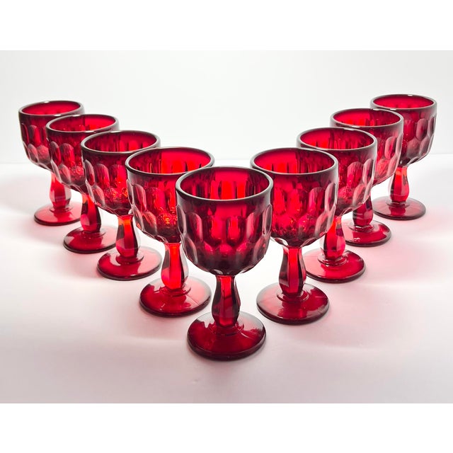 American 1980s Fenton “Thumbprint, Ruby Red” Wine Glasses - Set of 9 For Sale - Image 3 of 6