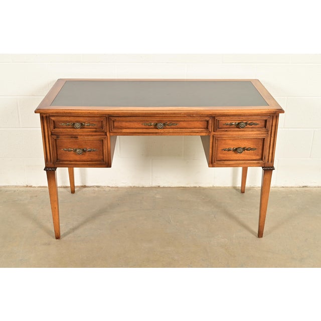Sligh Furniture French Regency Louis XVI Carved Walnut Leather Top Writing Desk, Circa 1960s For Sale - Image 14 of 14