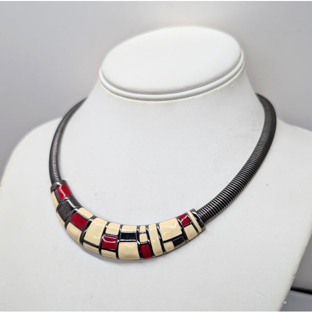 1980s Vintage 1980s Signed Monet Gunmetal White, Red & Black Enamel Mondrian Inspired Collar Necklace For Sale - Image 5 of 10