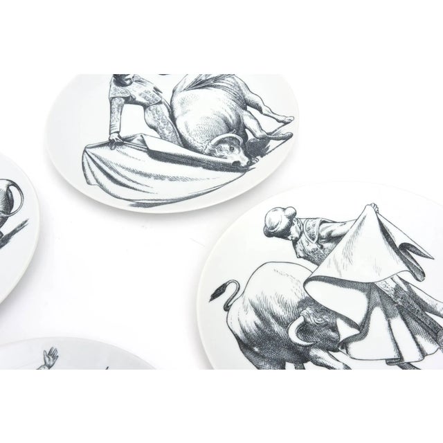 Mid-Century Modern Vintage Piero Fornasetti Rare Porcelain Black and White Matador and Bull Plates Set of 6 Mid Century Modern For Sale - Image 3 of 11