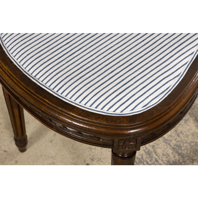 French Louis XVI Style Walnut Dining Chairs, Blue Striped Linen Upholstery – Set of 6 For Sale - Image 10 of 18