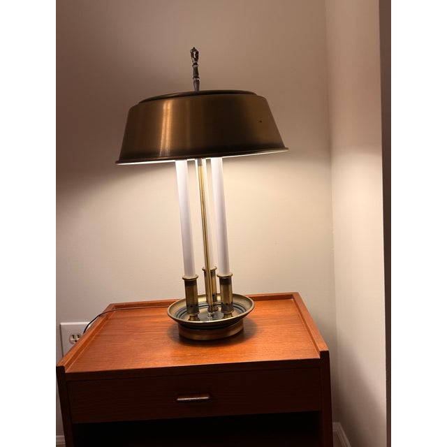 Mid-Century Modern Vintage 3-Light Metal Table Lamp With Original Shade — Mid-Century Hollywood Regency Lighting, 24" For Sale - Image 3 of 8