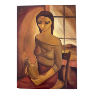 Painting of a Young Girl With a Terracotta Vase, Oil on Masonite Signed Capocci Italy 1974