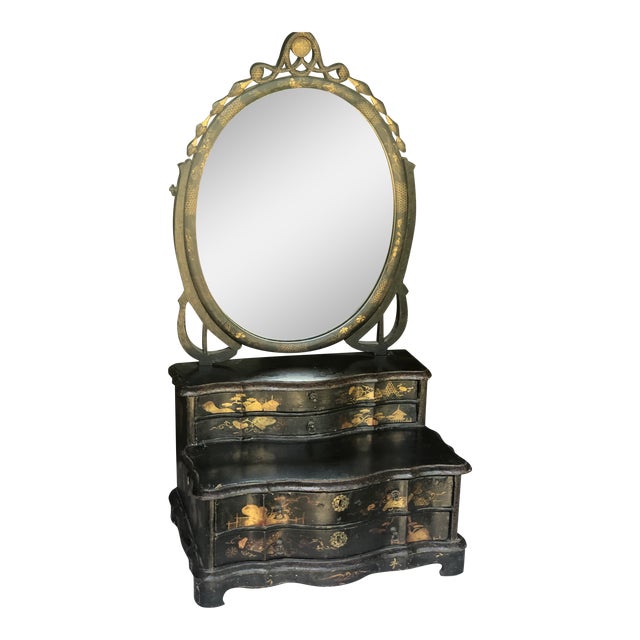 19th Century Black Lacquer Toilet Swing Mirror With Chinese Motif Detailed Painting For Sale
