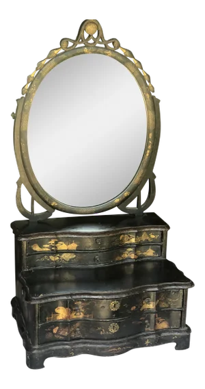 19th Century, Black Lacquer Toilet Swing Mirror, With Chinese Motif Painting