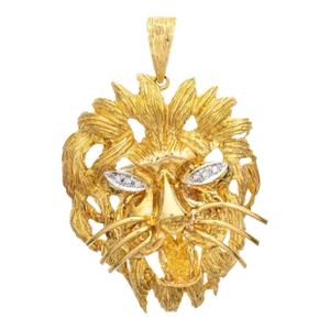 Vintage Lion Pendant Large Head Diamond Eyes 18 Karat Yellow Gold Animal Jewellery