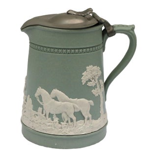 19th Century English Brownhills Hunting Scene Jasperware Jug With Pewter Lid For Sale