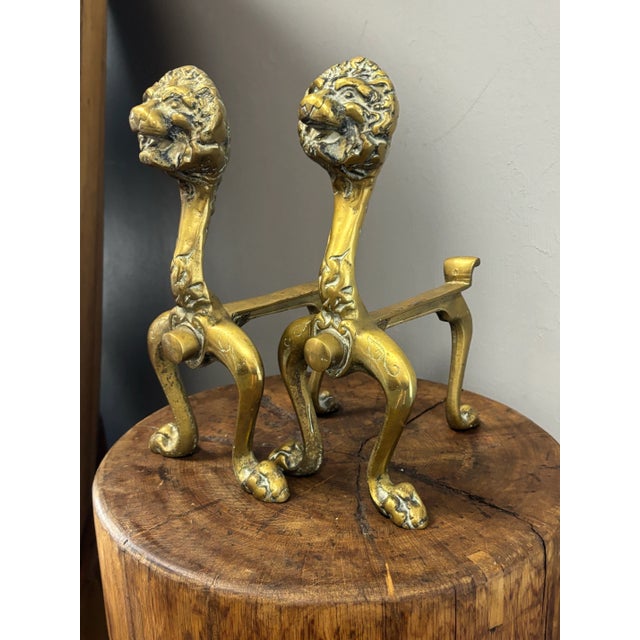 19th Century Antique English Brass Lion Andirons For Sale - Image 5 of 8