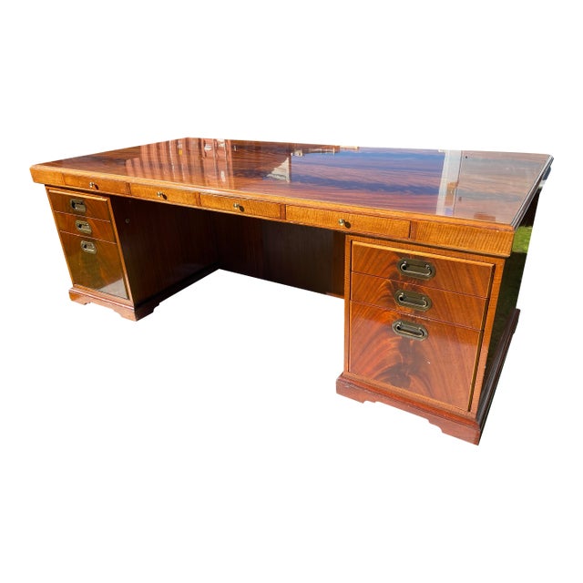Vintage Mind Century Modern Helikon Desk Executive Hardwood Burl Wood Inlaid Wood For Sale