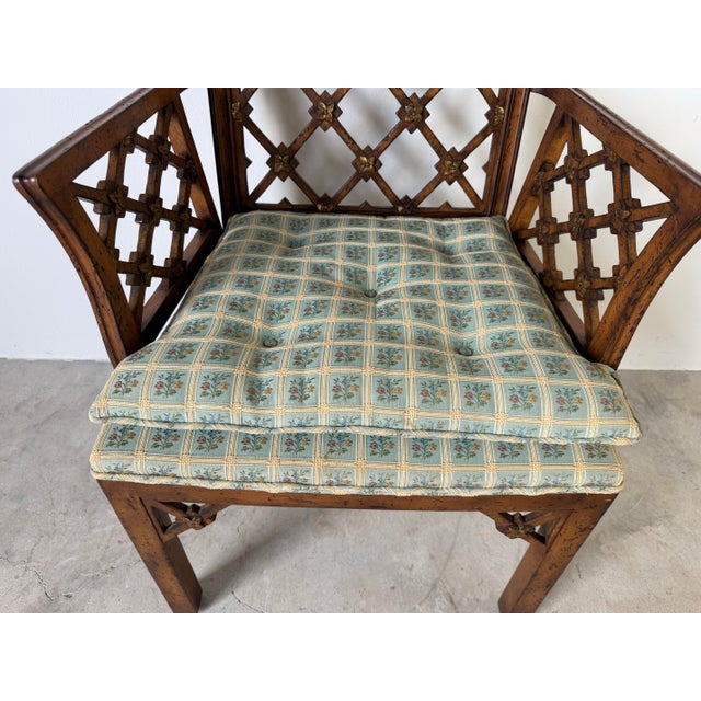 Wood Vintage Chinese Chippendale Style Open Lattice Armchair For Sale - Image 7 of 12
