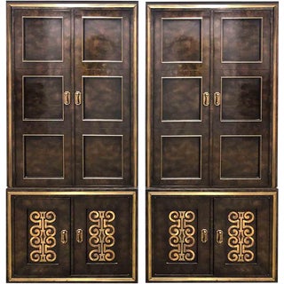 1970s Mastercraft William Doezema Burled Amboyna Wood and Brass Armoires - a Pair For Sale