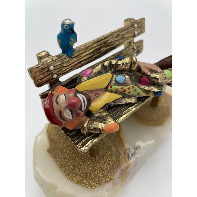 Gold Vintage Ron Lee Circus Clown Sleeping on Park Bench Sculpture With Blue Bird, 1988 For Sale - Image 8 of 9