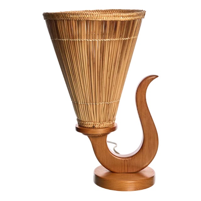 Table Lamp in Wood with Rattan Shade, Sweden, 1950s For Sale