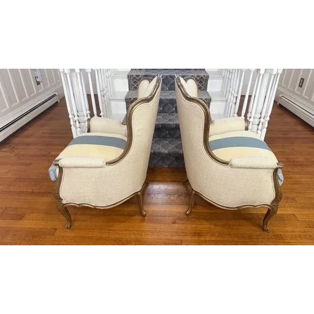 Pair of Early 20th Century Louis XV–Style Wingback Bergère Chairs With Gilt Frames For Sale - Image 4 of 16