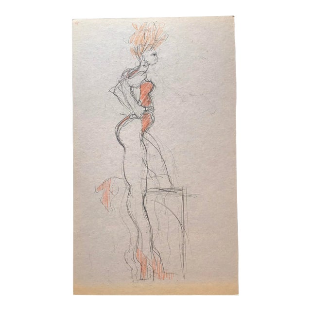 1970’s Fashion Figure Charcoal Illustration Sketch on Heavy Cardboard For Sale